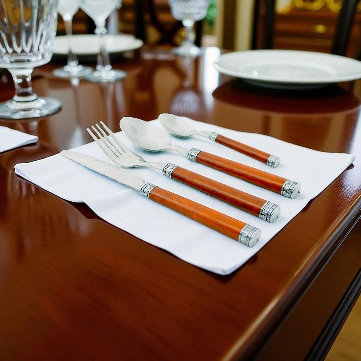 Wood Handle Flatware - 24 Piece Flatware Set for Serving Six