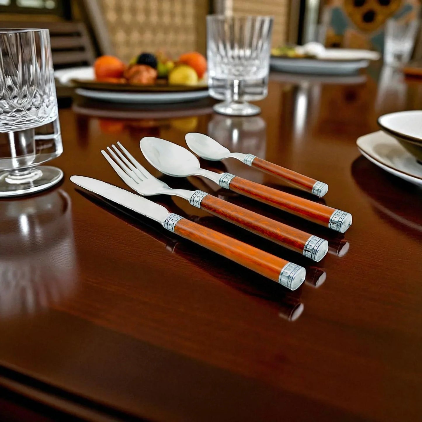 Wood Handle Flatware - 24 Piece Flatware Set for Serving Six