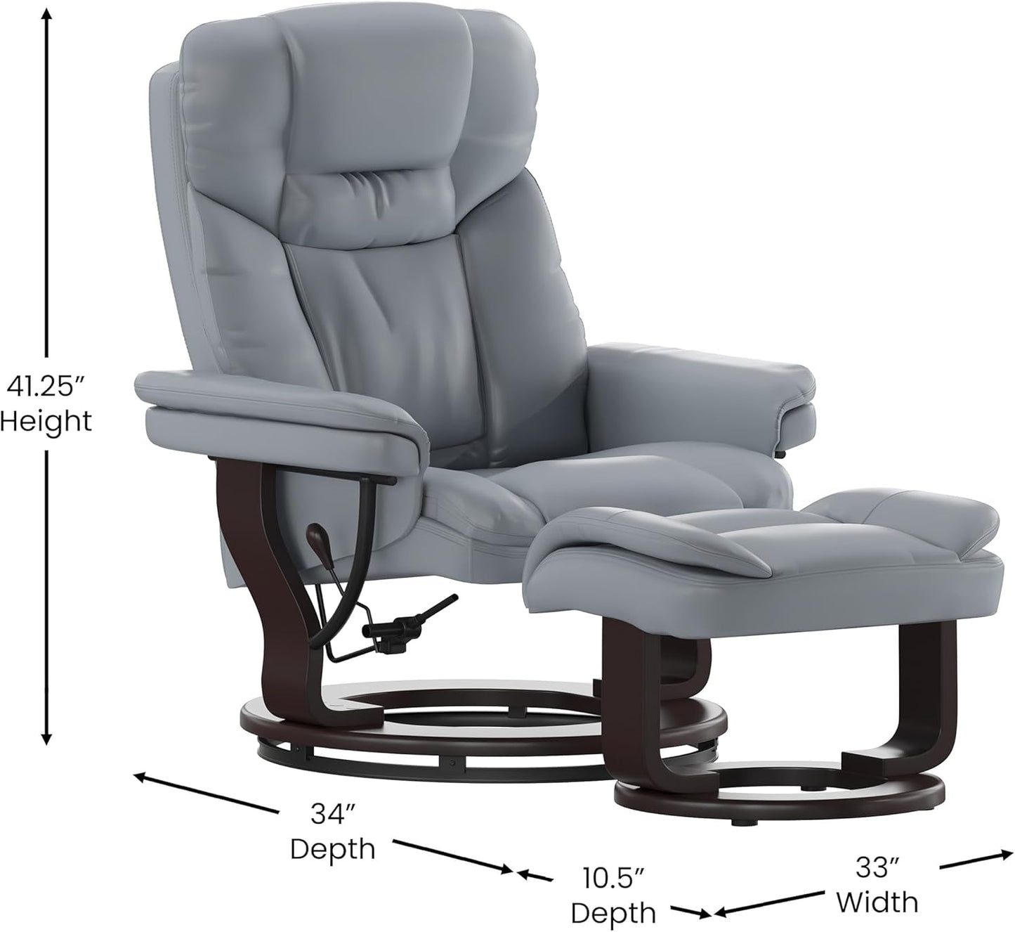 Gray Recliner With Swivel Mahogany Base And Ottoman
