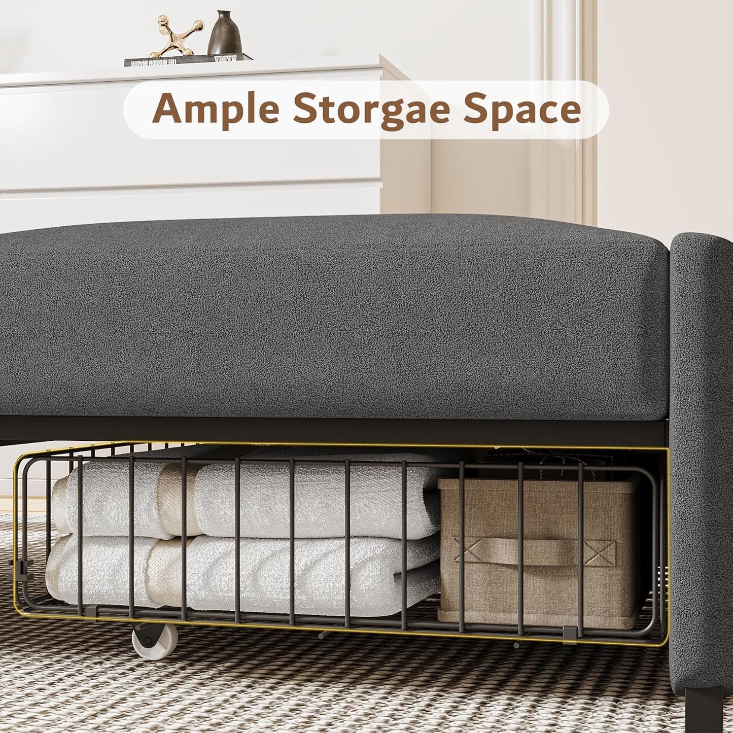 Dark Gray Lambswool Fabric Textured Sofa Bed Chair Storage