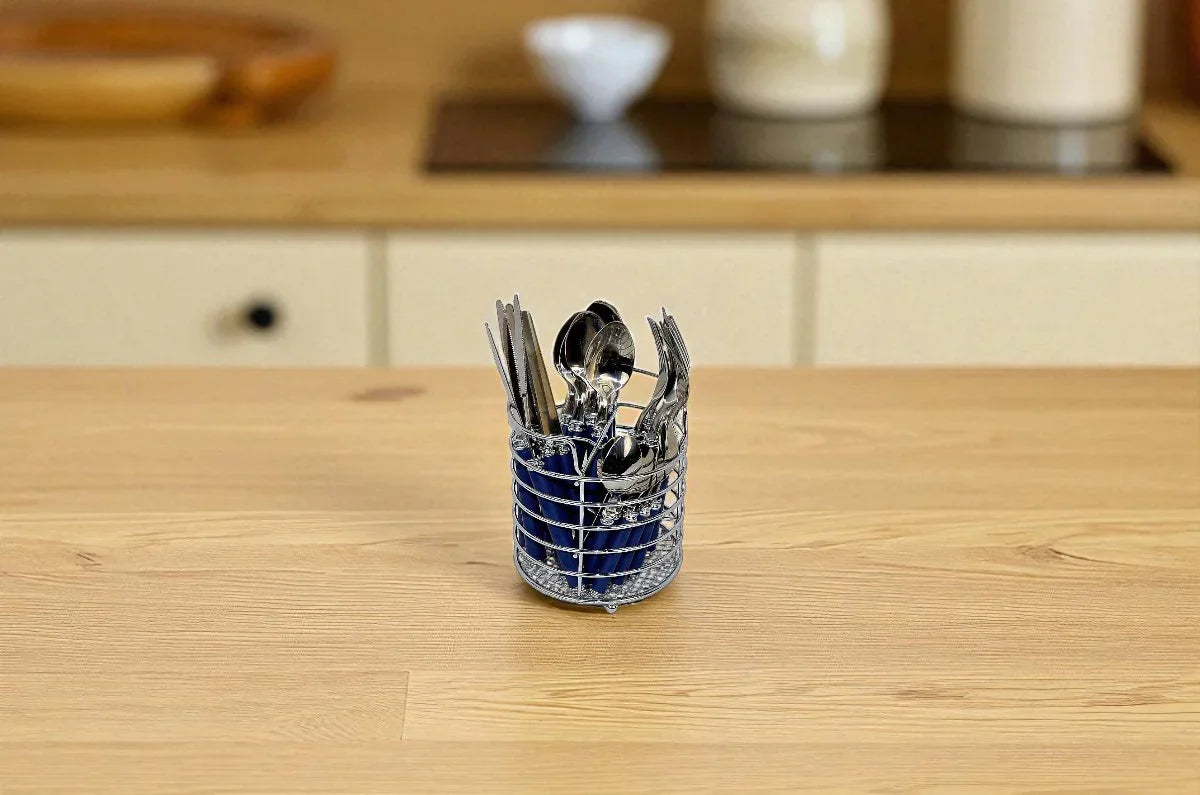 Flatware Set with Blue Handles and Storage Cady