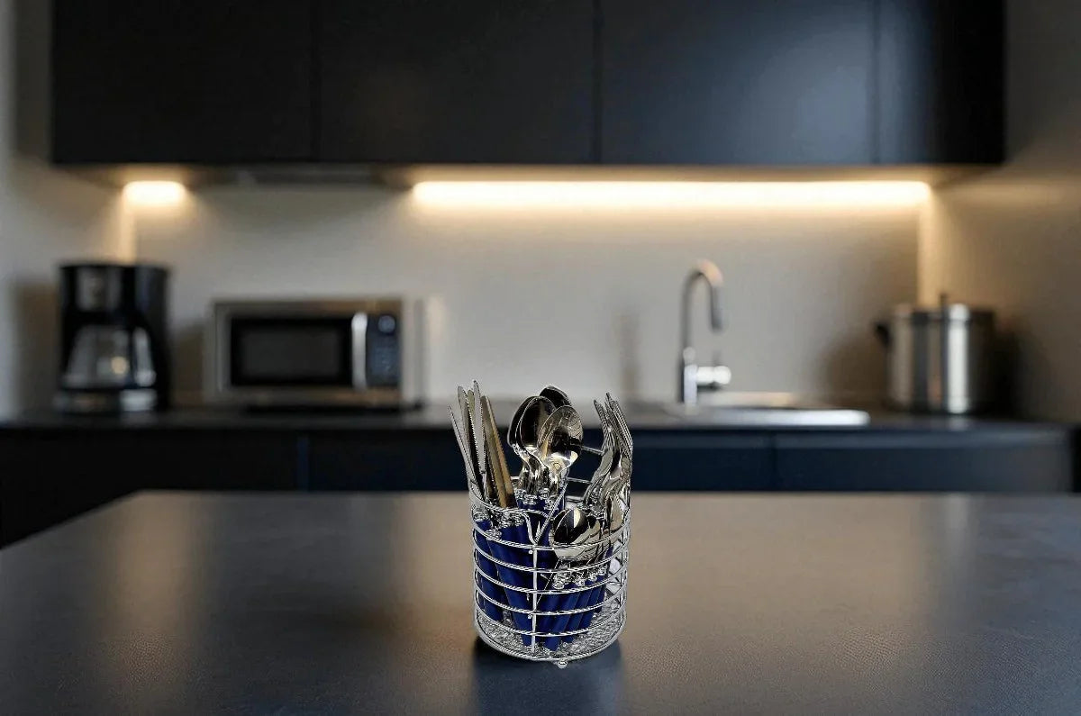 Flatware Set with Blue Handles and Storage Cady