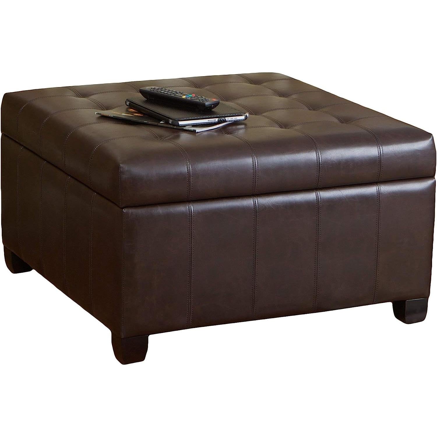 Marbled Brown Leather Storage Ottoman for Living Room with tufted top and storage compartment, perfect for modern decor.