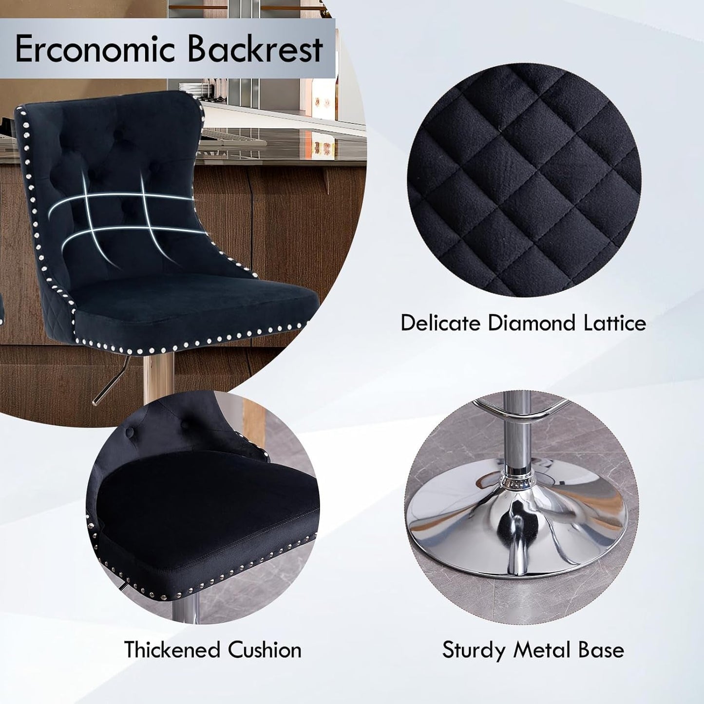 Velvet Swivel Bar Stools Adjustable Set Of 4 In Black