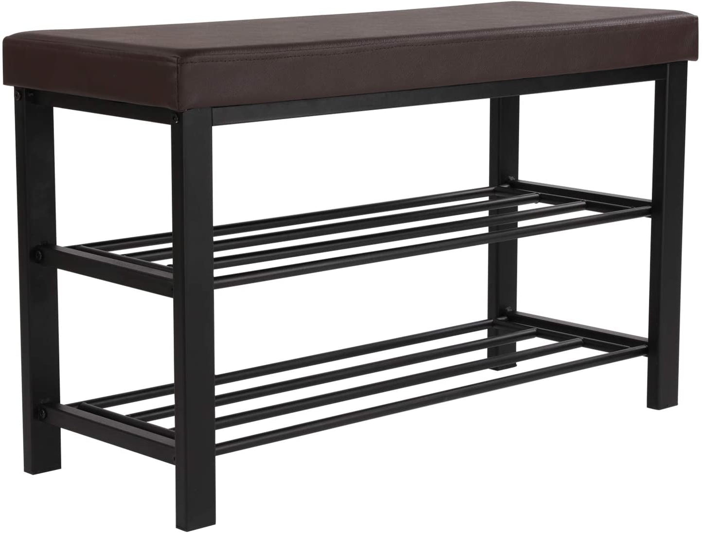 Brown Padded Storage Shoe Bench with Shelves