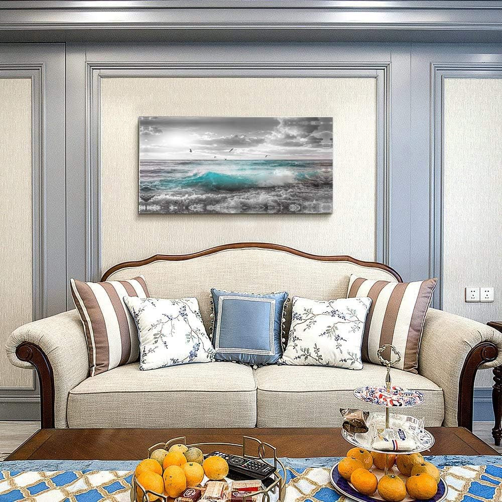 Stunning 24"x48" Framed Ocean Sunset Canvas Art - Serene Beach Wall Decor for Bedroom, Bathroom, and Dining Room with Seagulls and Waves