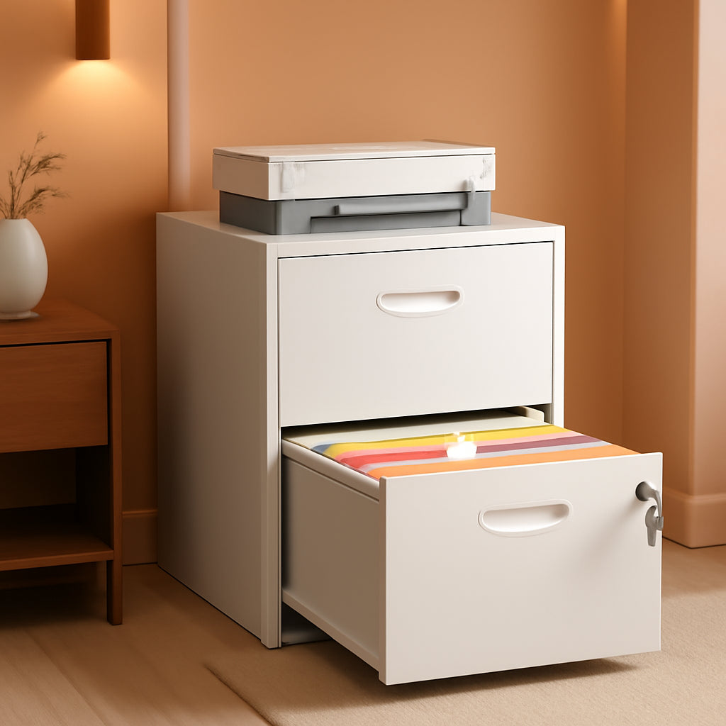 White Metal Two Drawer Locking File Cabinet For Hanging Files Fits Letter And A4