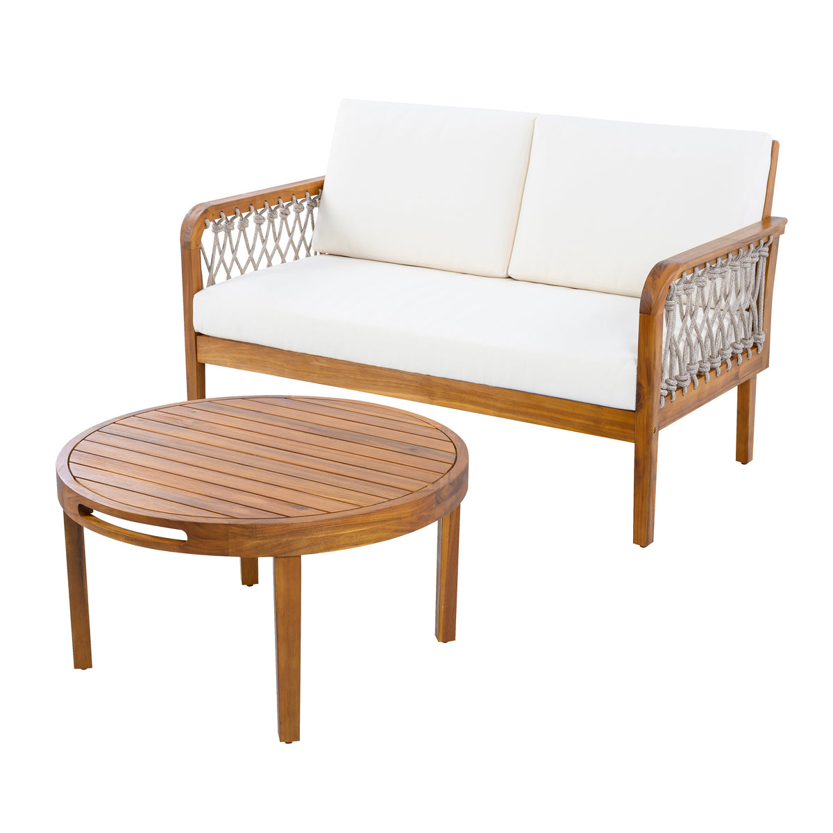 Outdoor Acacia Wood Loveseat & Coffee Table Set with Handwoven Rope