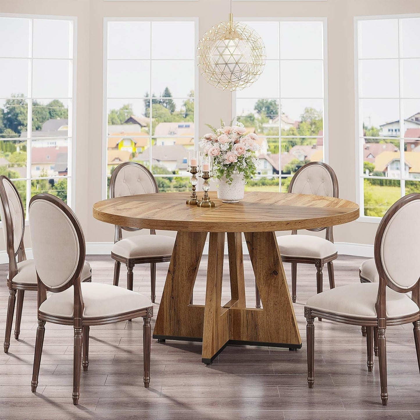 Round Dining Table Wood 47 Inch Burlywood Finish Farmhouse