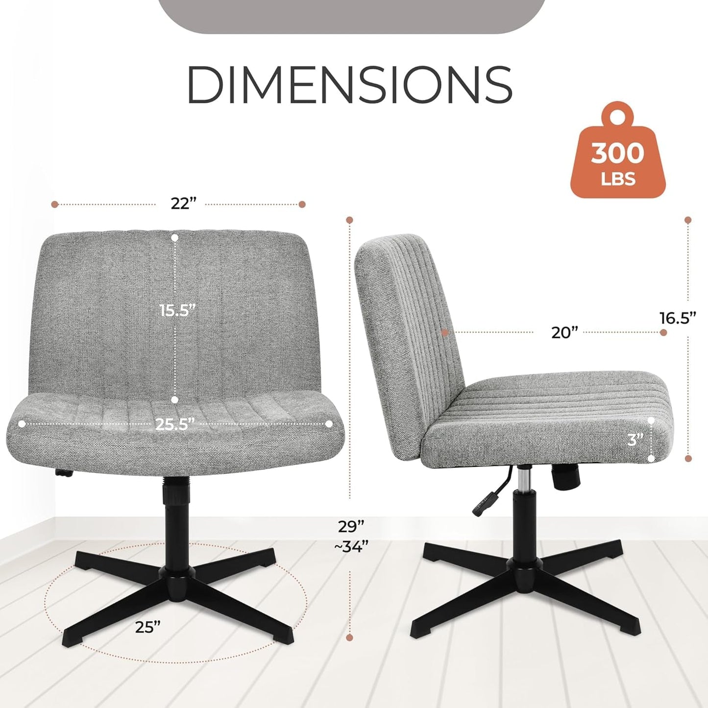 Cross Legged Office Chair Grey Wide Seat Adjustable Height