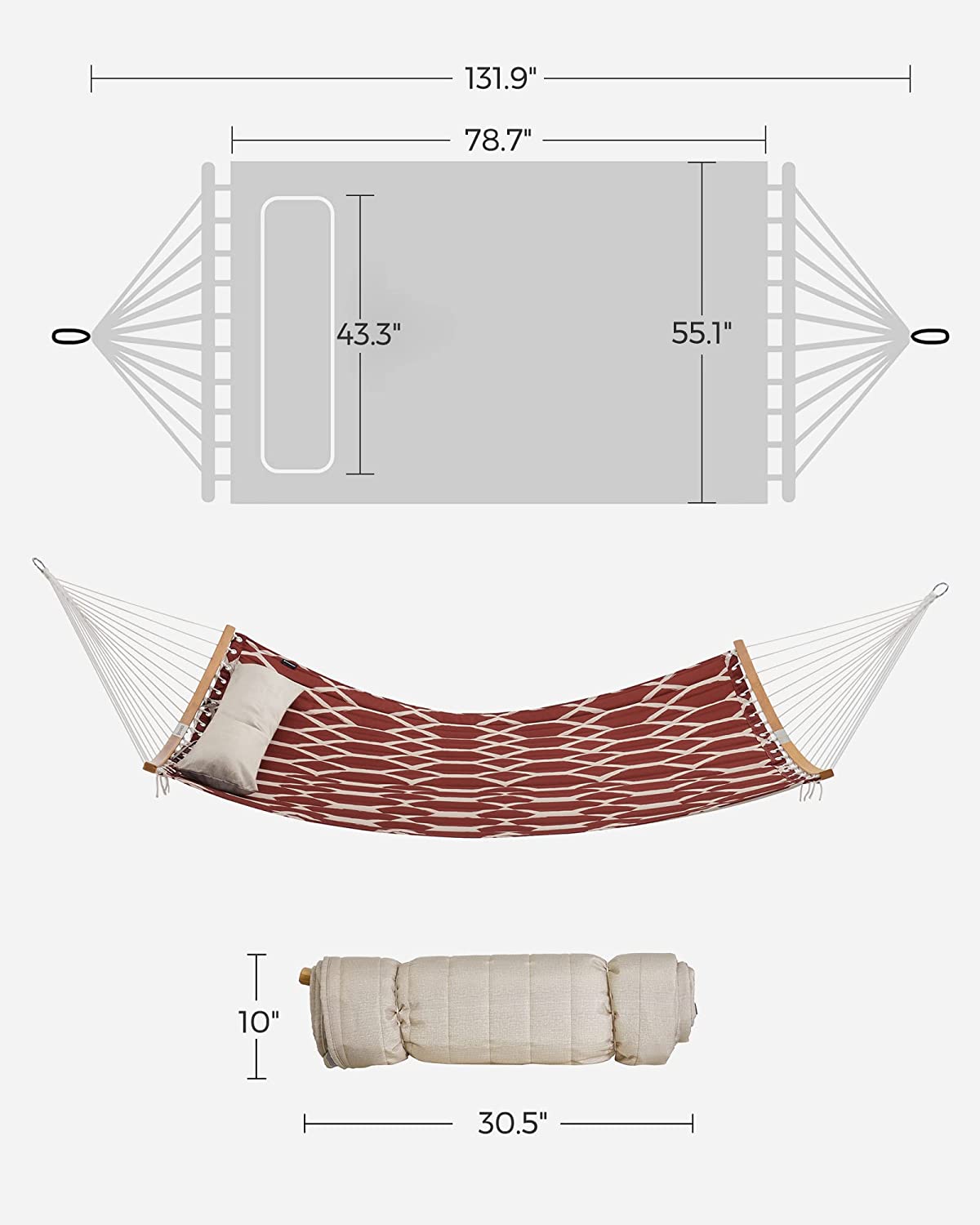 Hammock, Quilted Hammock with Curved Bamboo Spreaders, Pillow, 78.7 x 55.1 Inches
