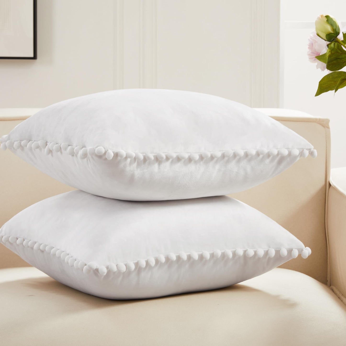 Velvet Throw Pillow Covers with Pom-Poms, 26x26 Inch