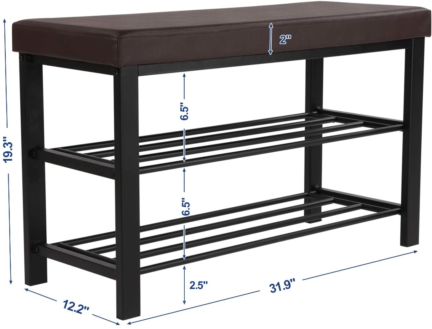 Brown Padded Storage Shoe Bench with Shelves