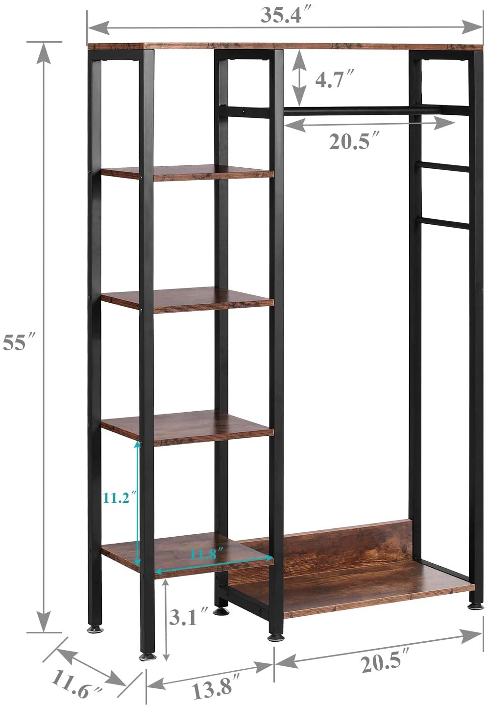Free-Standing Garment Rack, Heavy Duty Storage Organizer with 5 Shelves and Hanging Rod