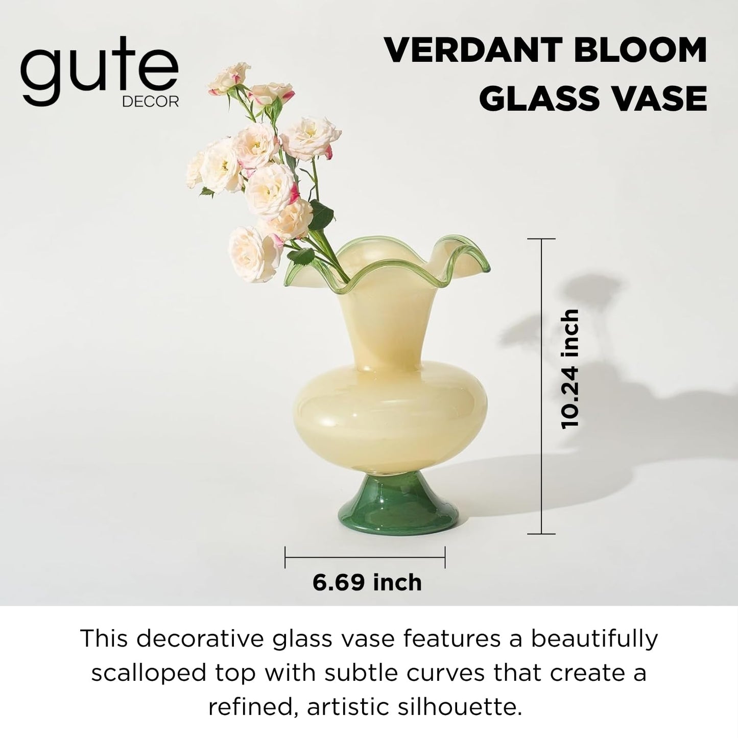 Glass Meadow Hand-Blown Glass Flower Vase in green and cream with wavy rim for elegant floral displays.