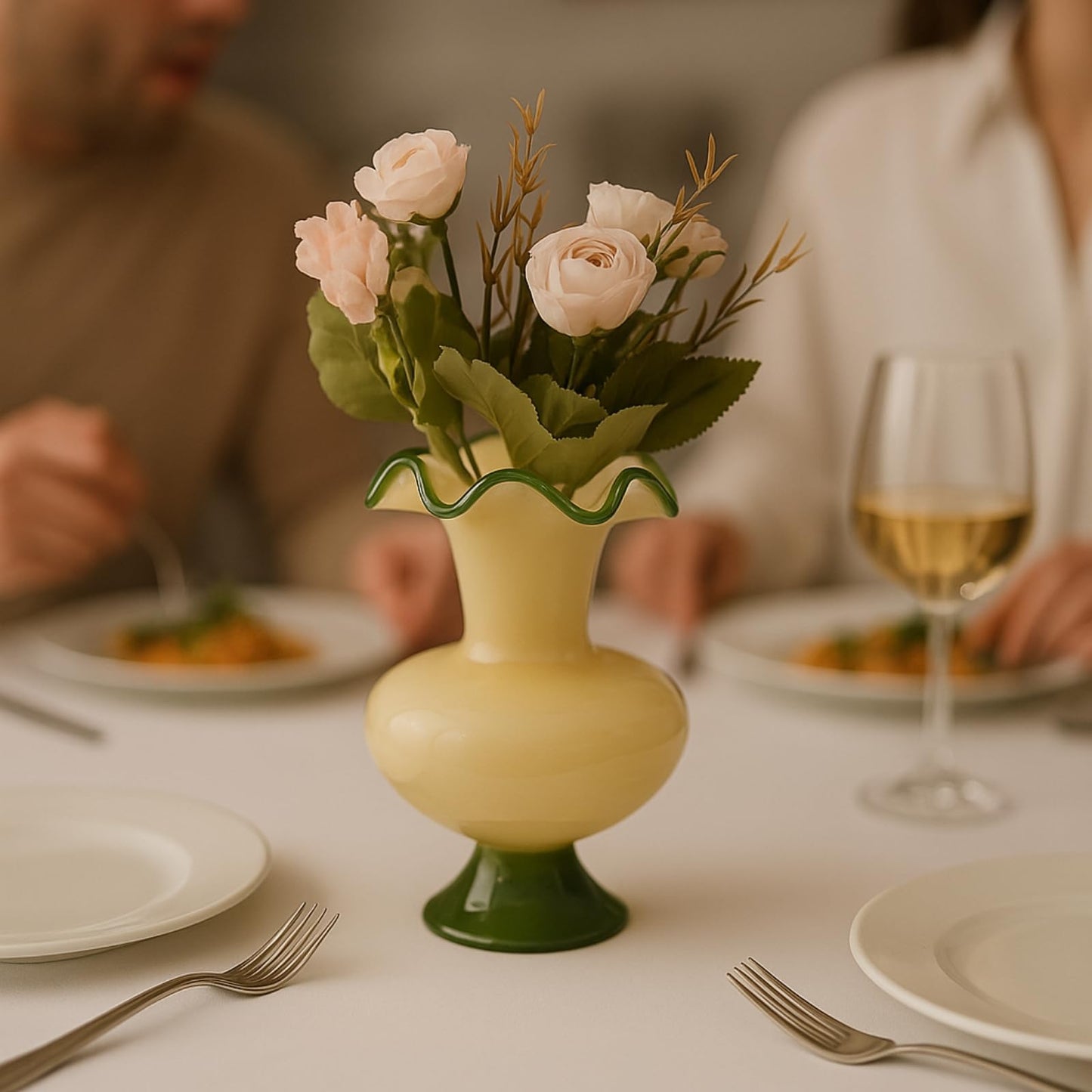 Glass Meadow Hand-Blown Glass Flower Vase with flowers on dining table, elegant centerpiece for home décor.