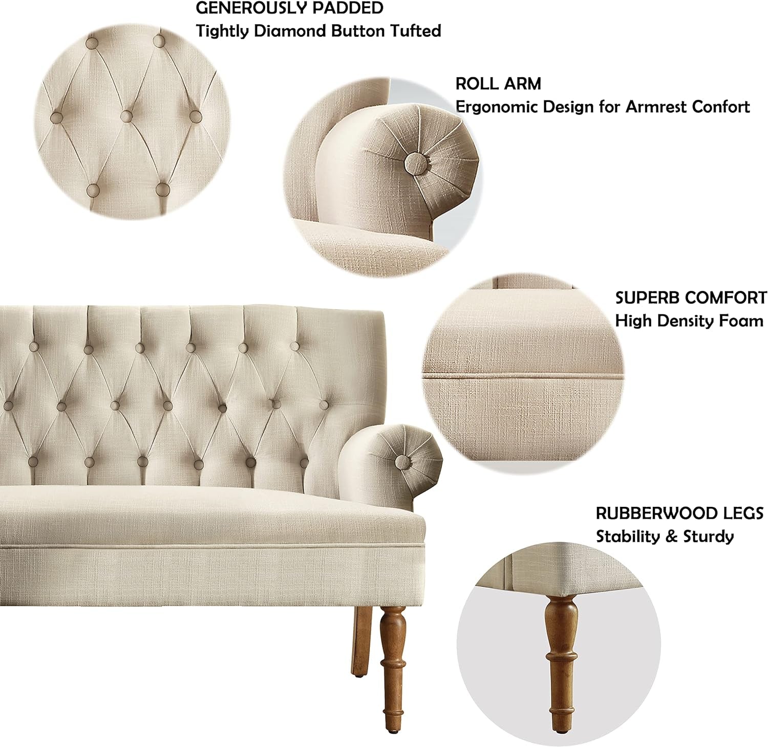Beige Linen Loveseat Sofa With Sinuous Spring Support features diamond tufting, roll arm design, high-density foam, and rubberwood legs.