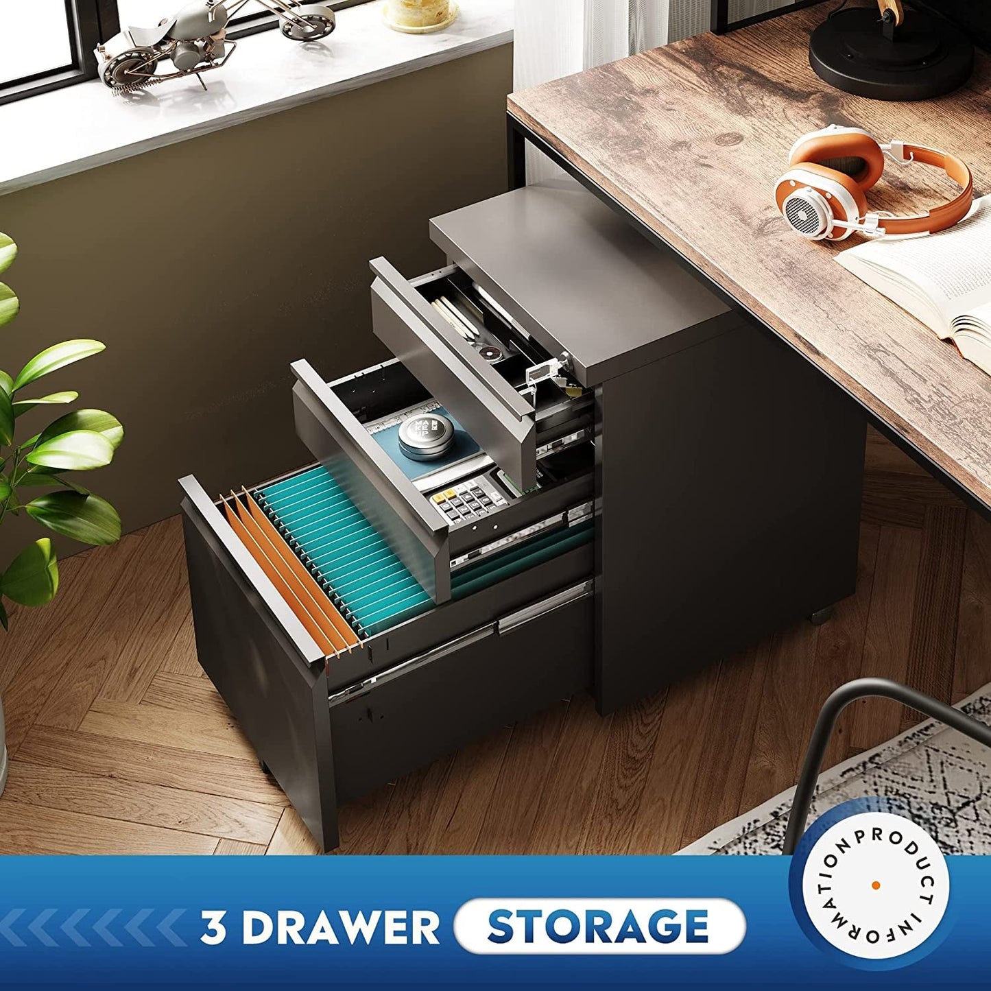 Compact Black Mobile Filing Cabinet Lockable With Drawers