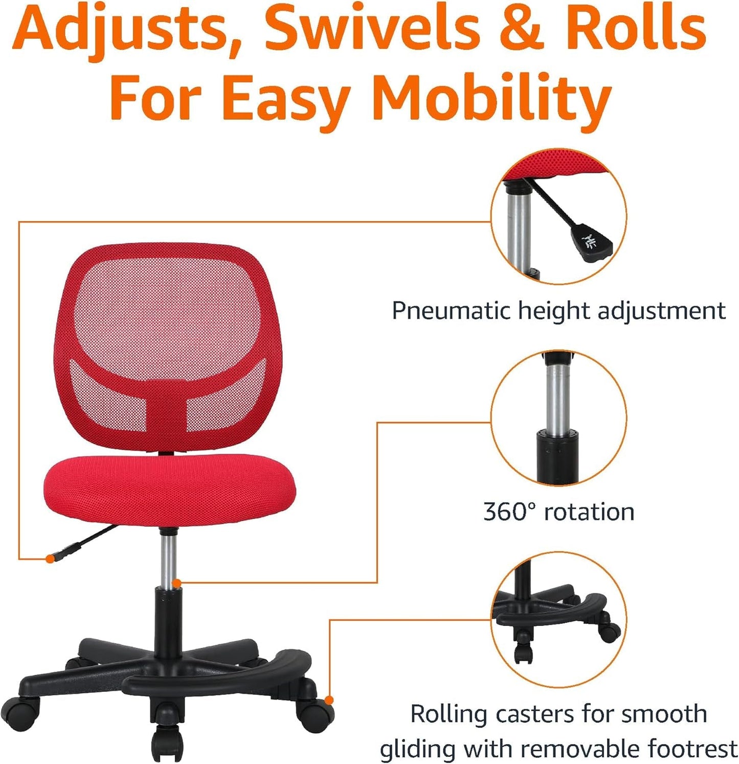 Kids Adjustable Mesh Low Back Swivel Desk Chair With Footrest Red