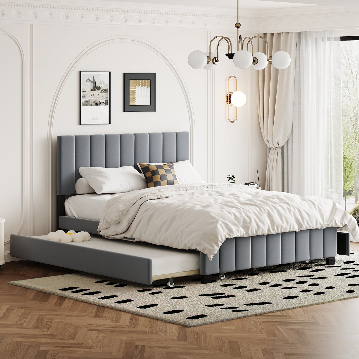Queen Size Velvet Upholstered Platform Bed with 2 Drawers and Trundle