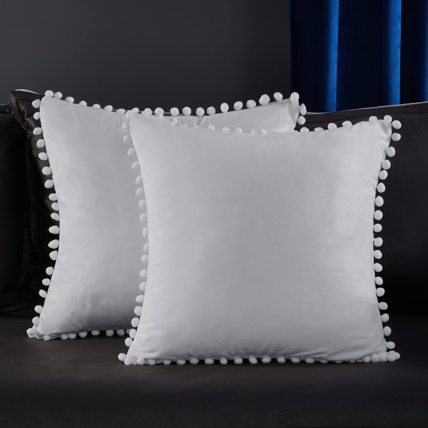 Velvet Throw Pillow Covers with Pom-Poms, 26x26 Inch