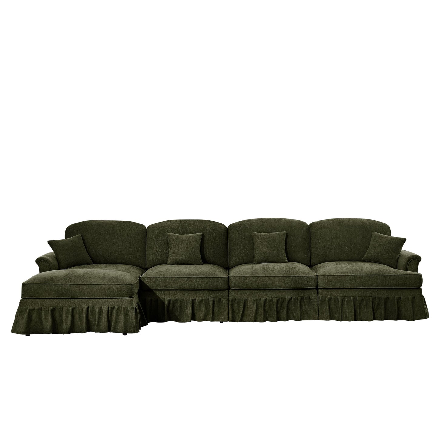 Classic Three Seater Modular L Shaped Sectional Couch with Flared Arms and Removable Ruffles Pleats Skirts and Spindle Legs, Comfy Chenille Four-Seat Deep Seat Sofa with Movable Ottoman, Green