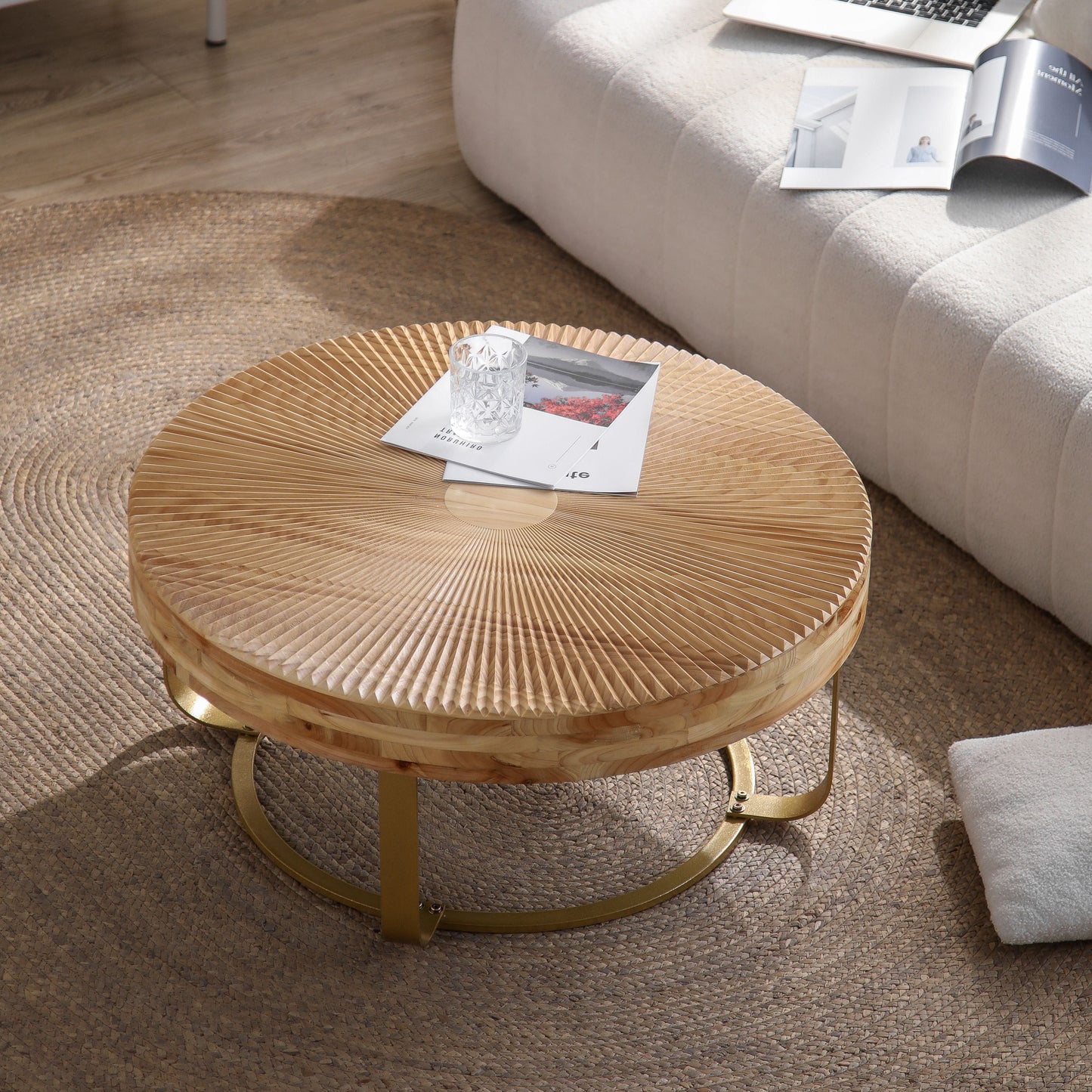Modern Round Coffee Table with Wooden Carving Pattern