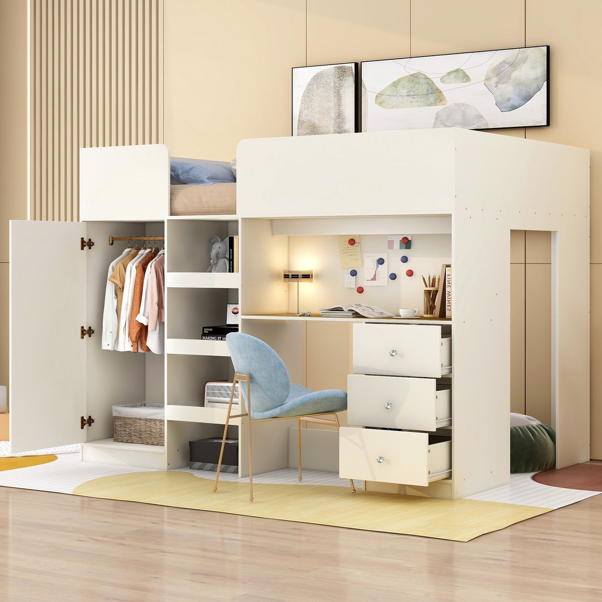 Wood Full Size Loft Bed with Built-in Wardrobe, Desk, Storage Shelves and Drawers