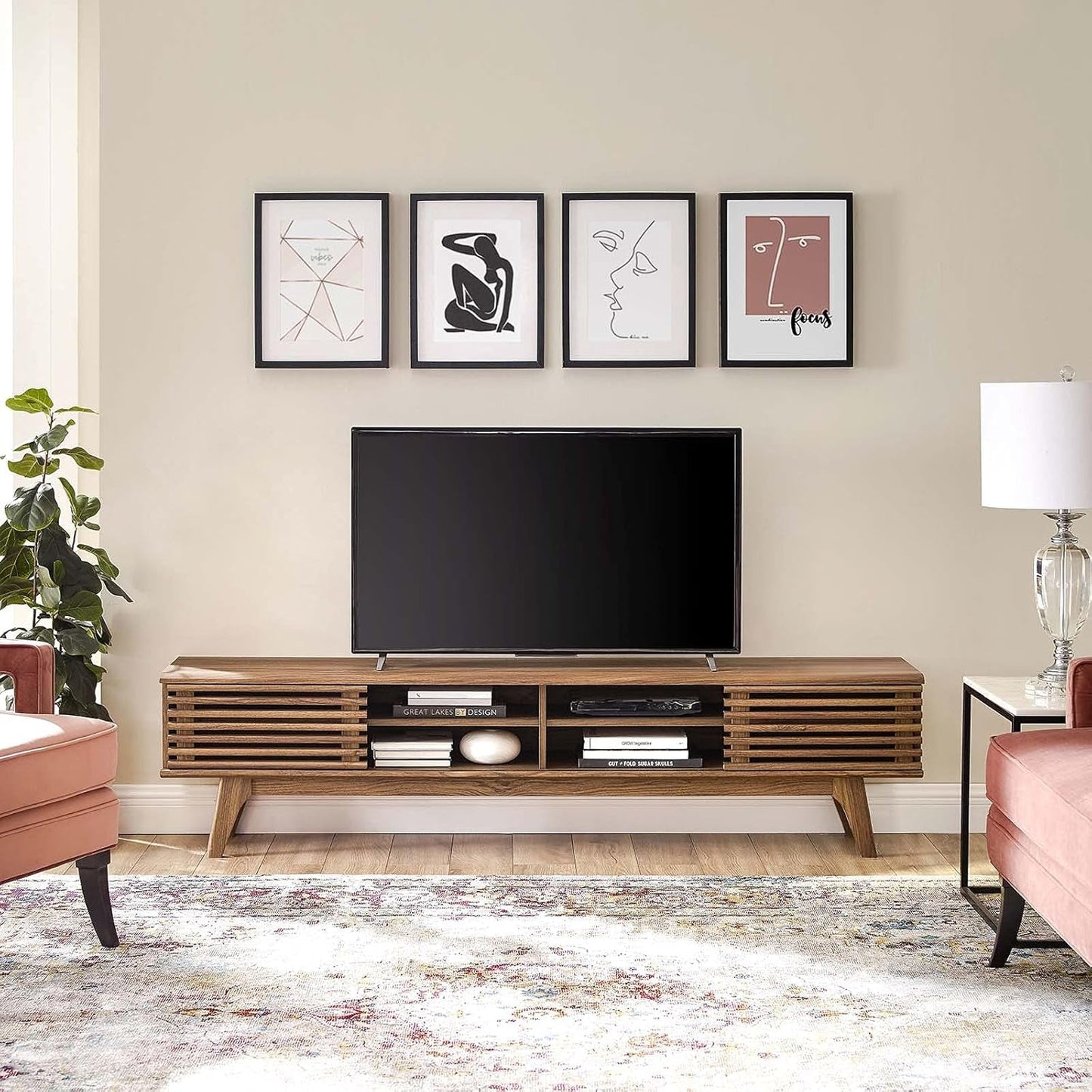 70 Inch Mid Century Modern Walnut TV Stand Console