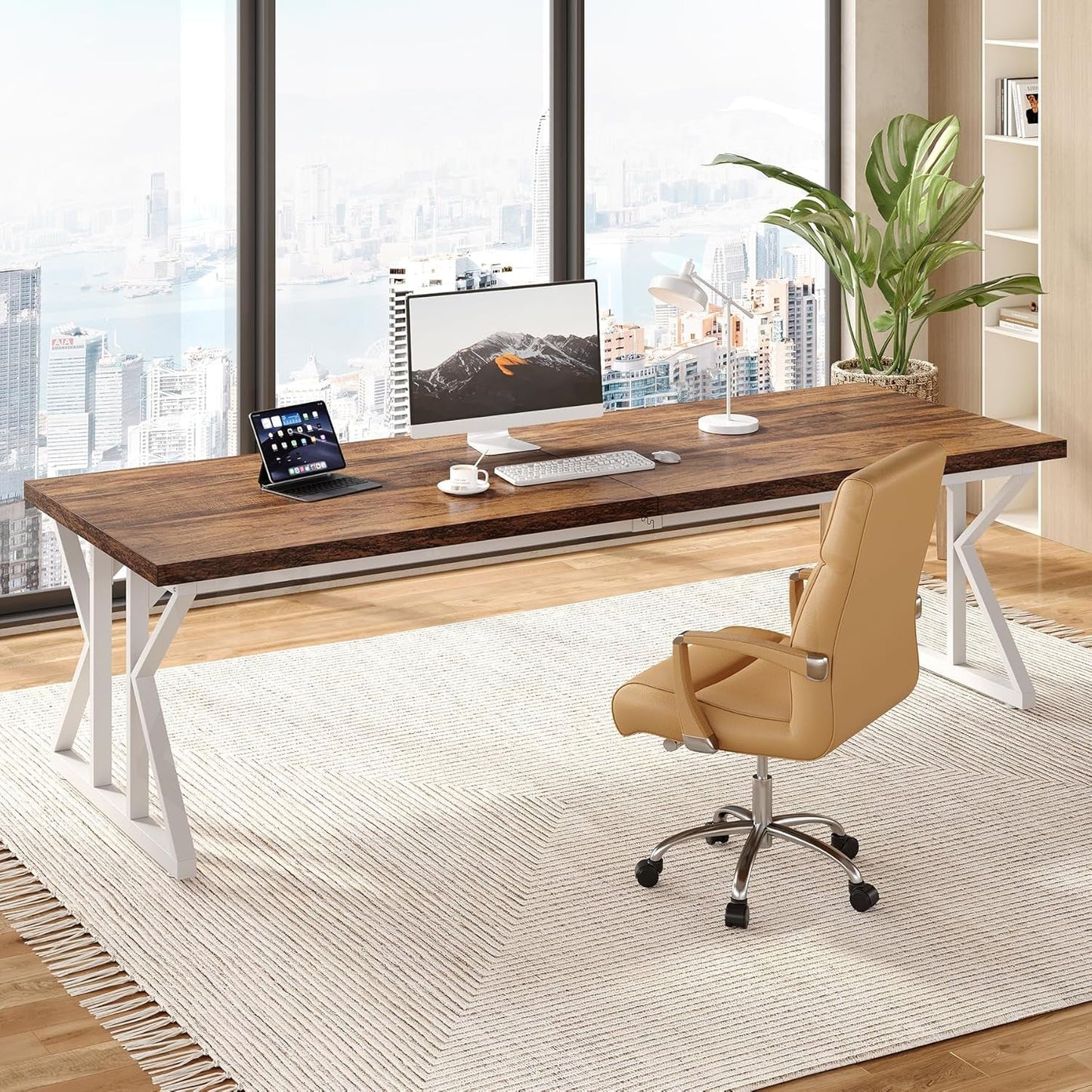 78.7 Inch Rustic Executive Desk For Home Office Brown-White