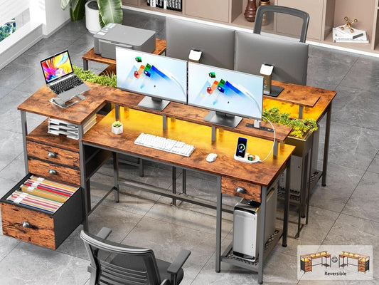 60 Inch Computer Desk With Storage Drawers And LED Lights