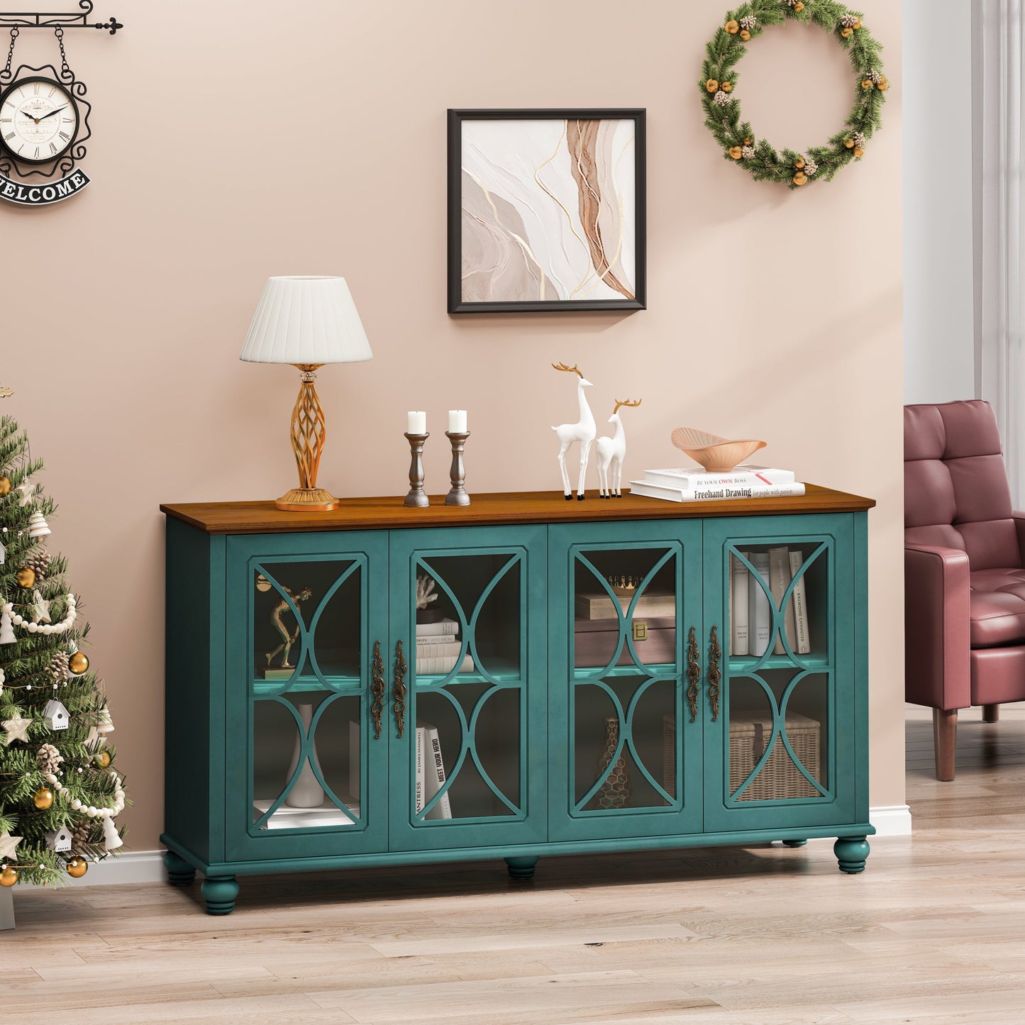 Elegant European Antique Style 4-Door Cabinet with Tempered Glass Doors