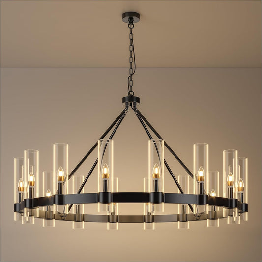 48 Inch Black Wagon Wheel Chandelier with Glass Shade