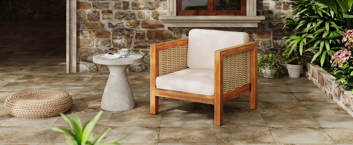 Acacia Wood Outdoor Club Chair with Wicker Armrest