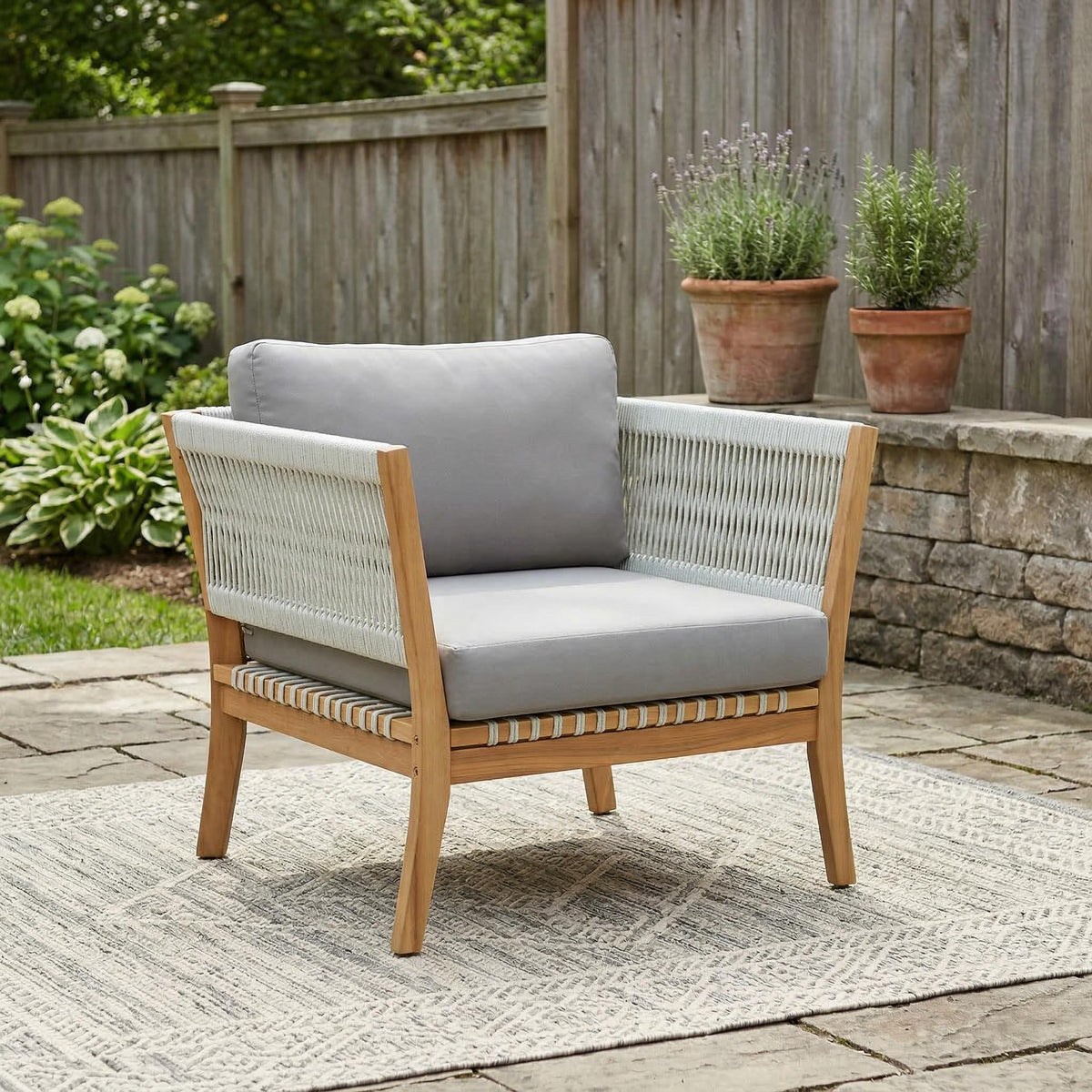 30.3" Outdoor Acacia Wood Patio Chair with Woven Rope Accents