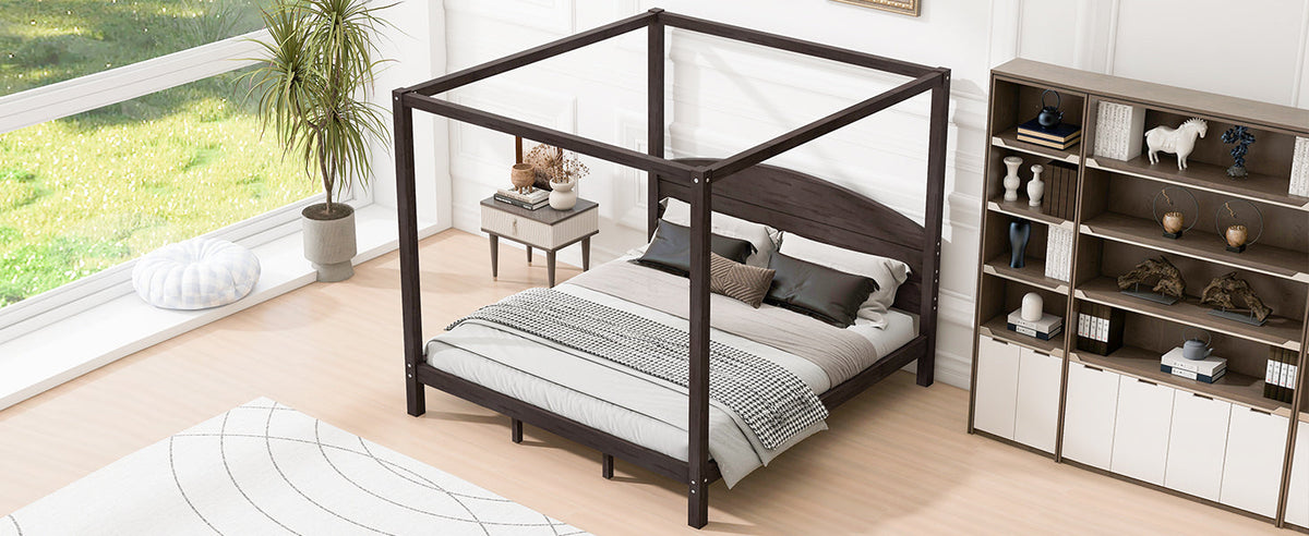 King Size Canopy Platform Bed with Headboard and Support Legs