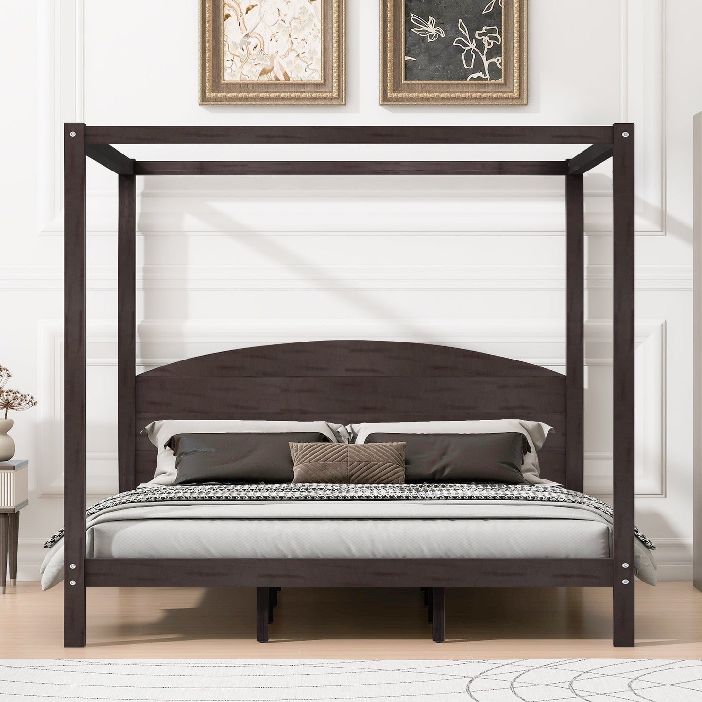 King Size Canopy Platform Bed with Headboard and Support Legs