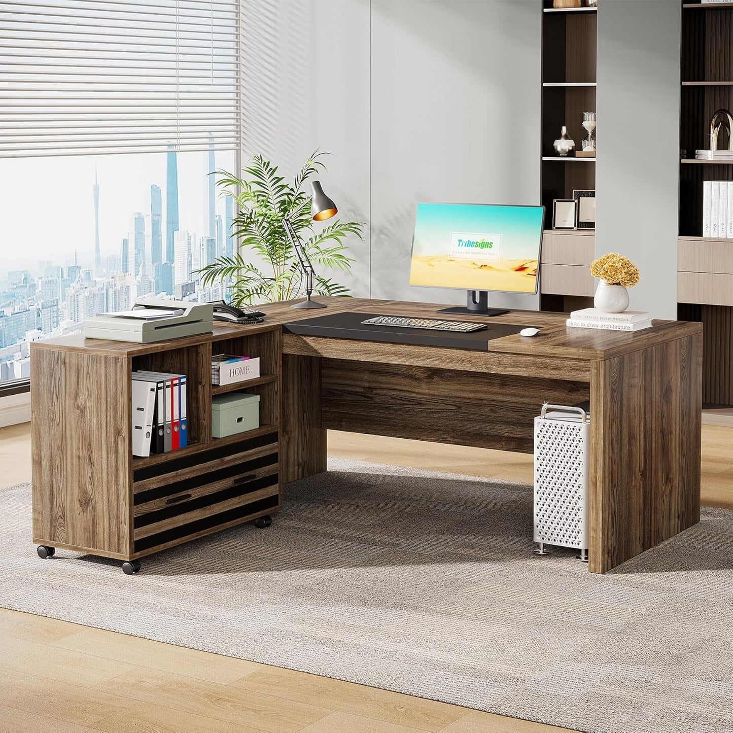 62.2 Inch L Shaped Desk With Mobile File Cabinet Brown