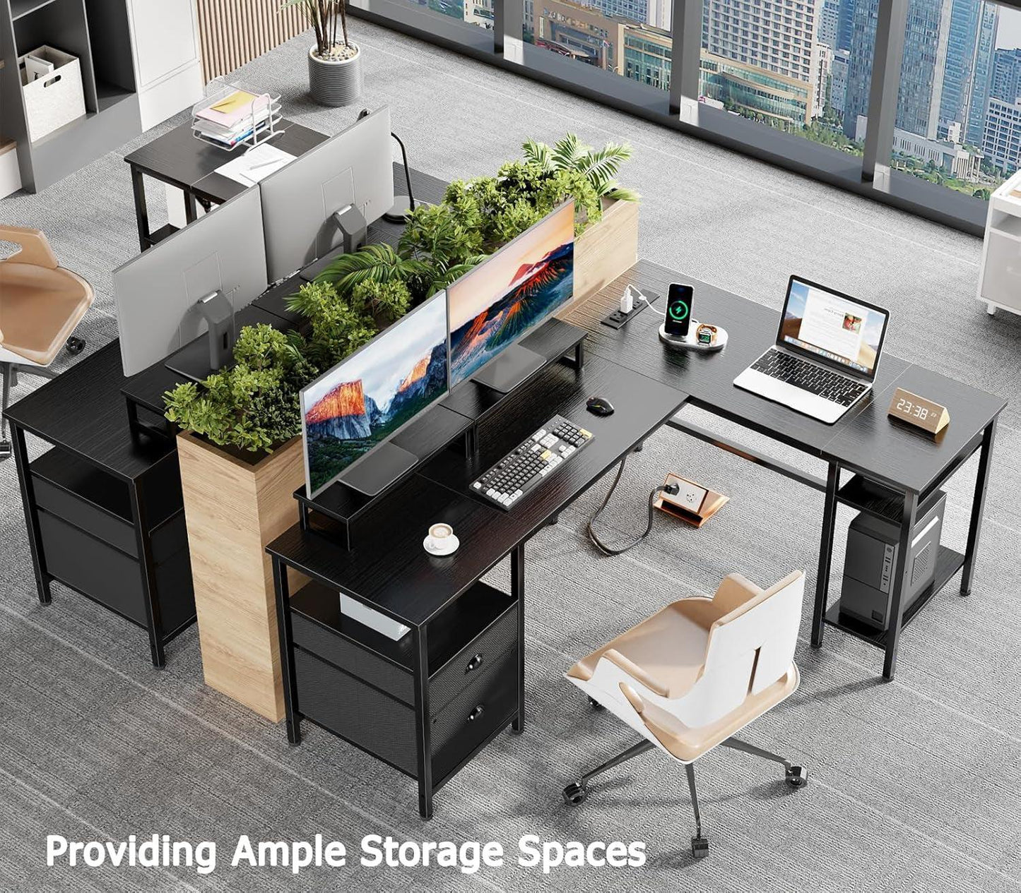 Fifty Nine Inch L Shaped Desk With Black Storage Drawers Unit