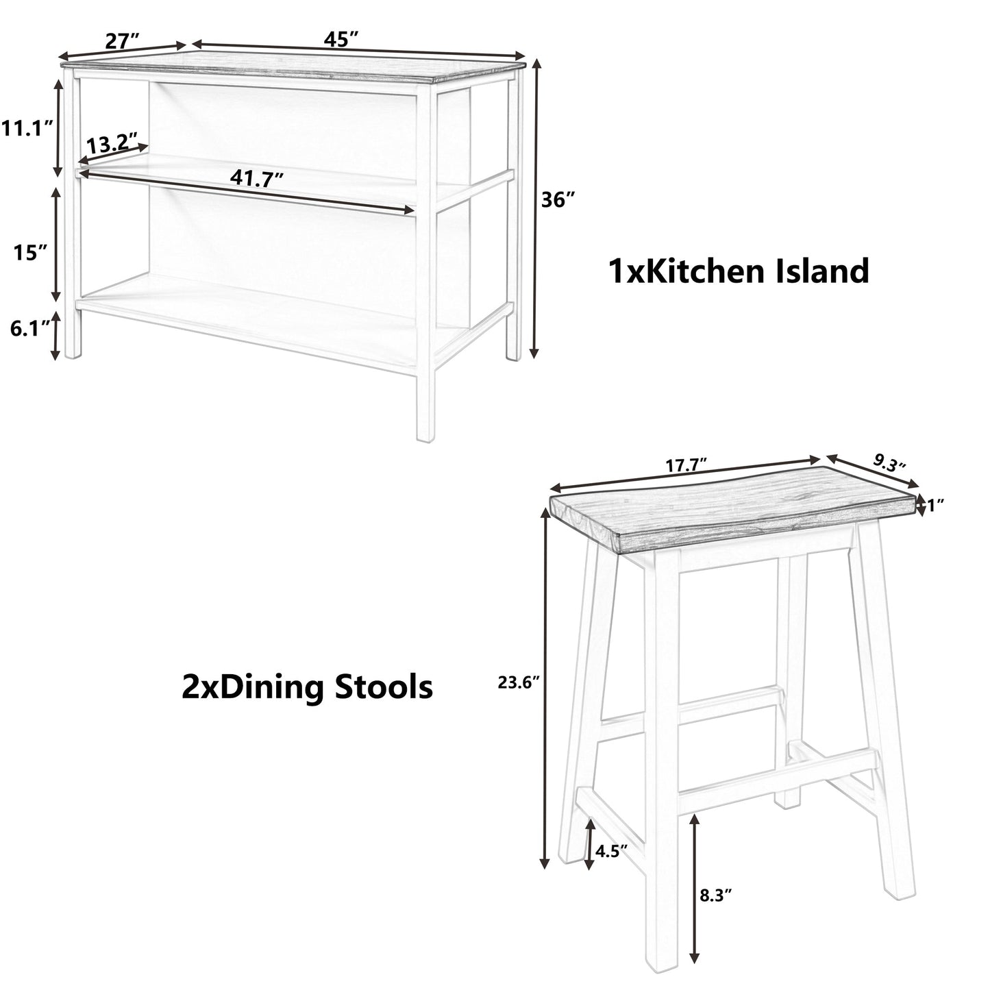 TOPMAX Rustic 3-piece Stationary Kitchen Island Set with Butcher Block and Seating, Walnut and Cream White