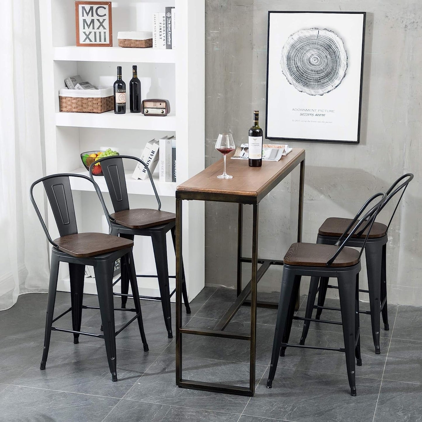 Counter Height Swivel Bar Chairs With Back Set Of 4 around a stylish kitchen counter with wood top and wine glasses.