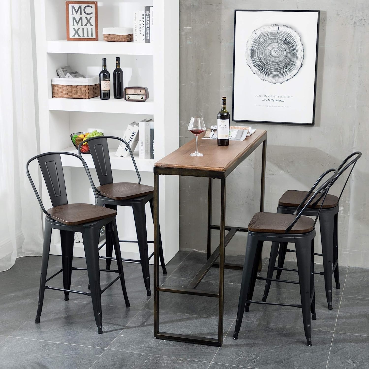 Counter Height Swivel Bar Chairs With Back Set Of 4 around a stylish kitchen counter with wood top and wine glasses.