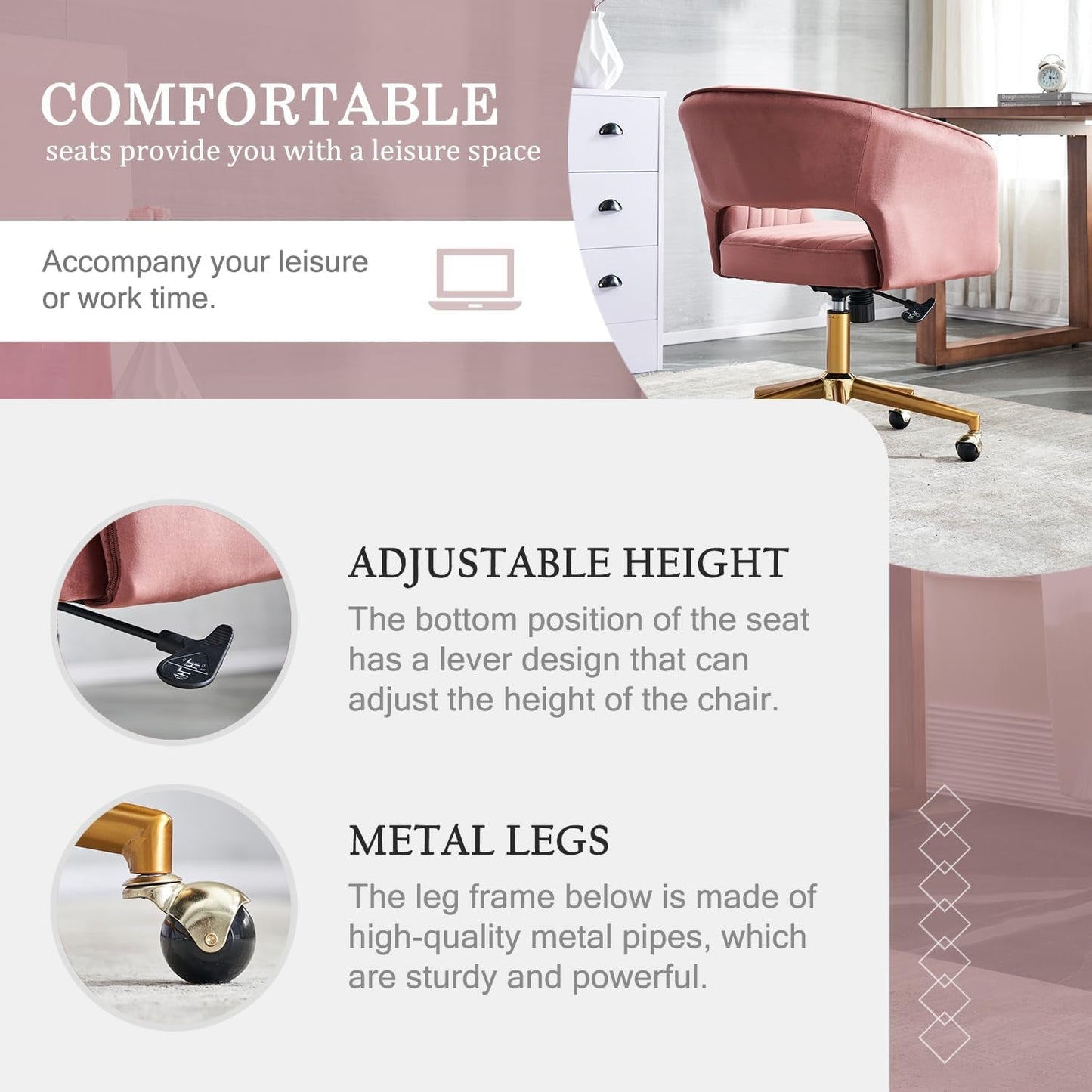 Pink Velvet Swivel Home Office Chair 360 Degree With Gold Base
