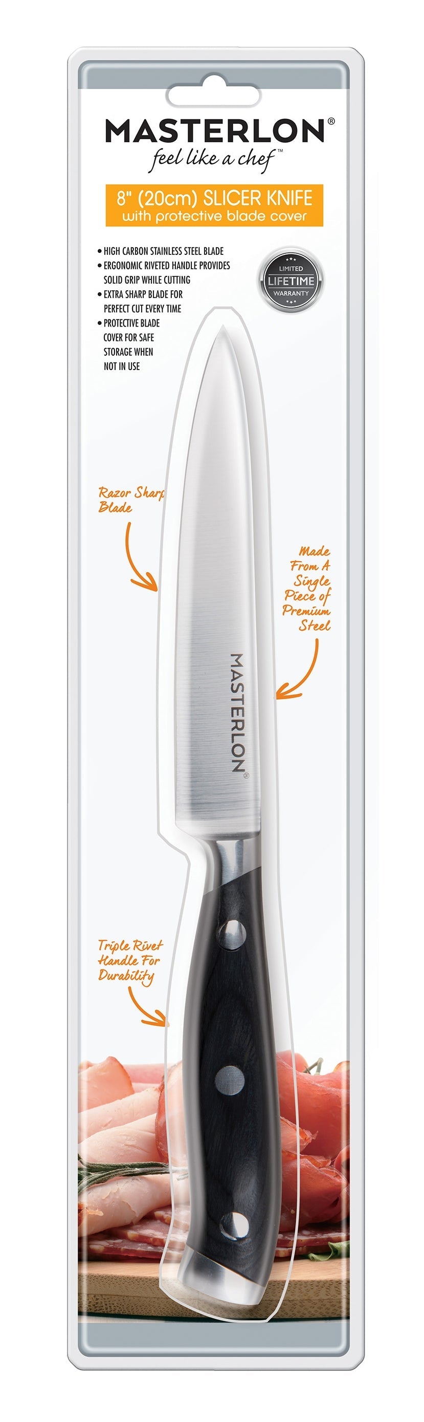 MASTERPAN Essential Chef’s Knife Bundle - 8" Chef’s Knife, 8" Slicer Knife & 7" Santoku Knife - Stainless Steel Blades with Protective Covers