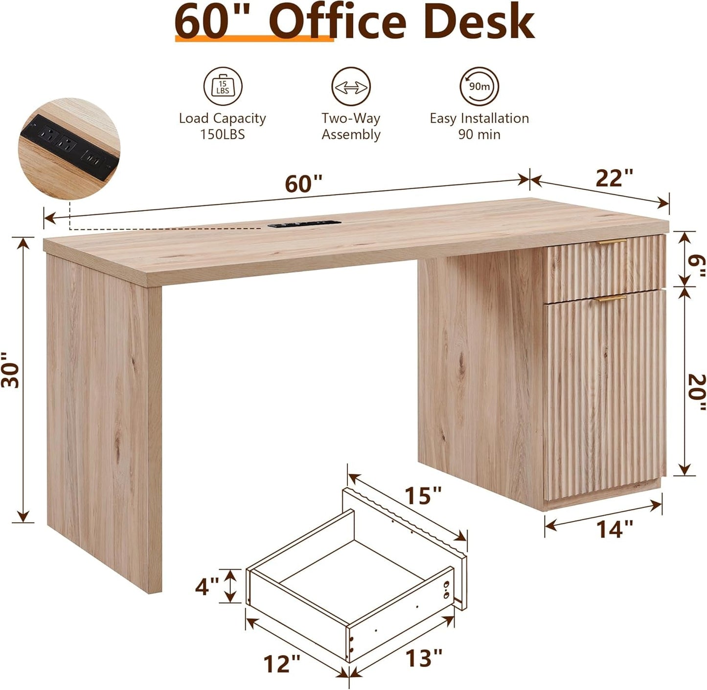 60 Inch Handcrafted Executive Desk With Generous Storage