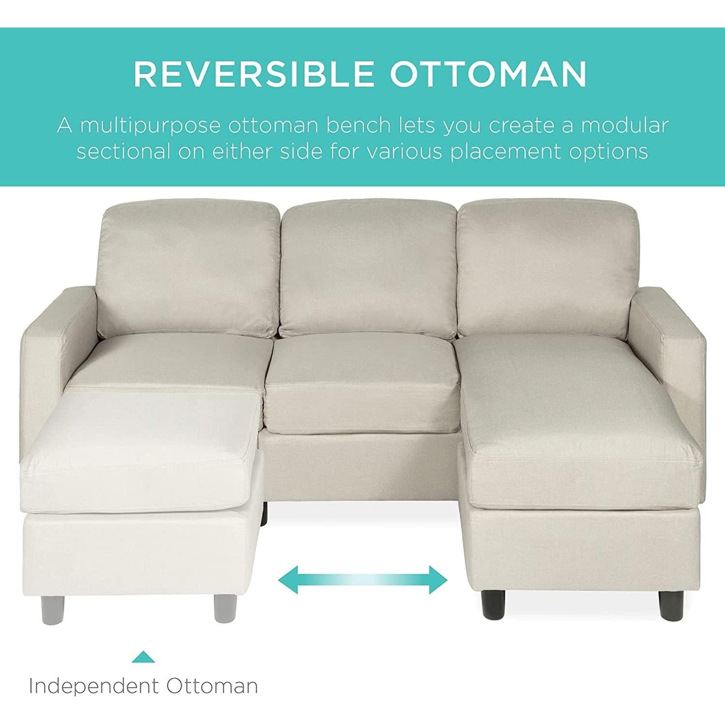 Compact Beige Linen Sectional Sofa With Chaise And Reversible Ottoman