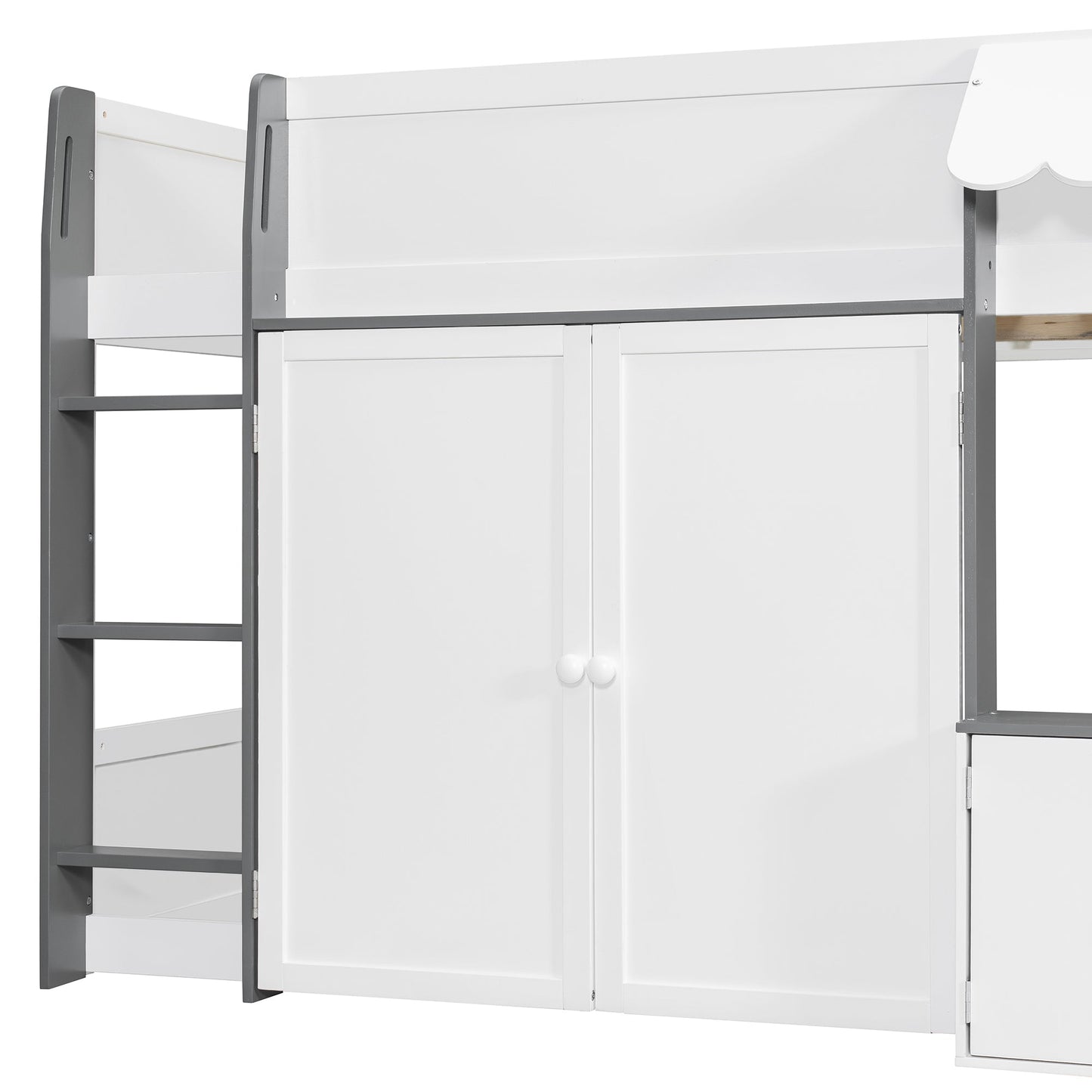 Full Loft House Bed with Playhouse & Storage, Modern Wood Cabin Bed for Kids/Teens, White+Gray