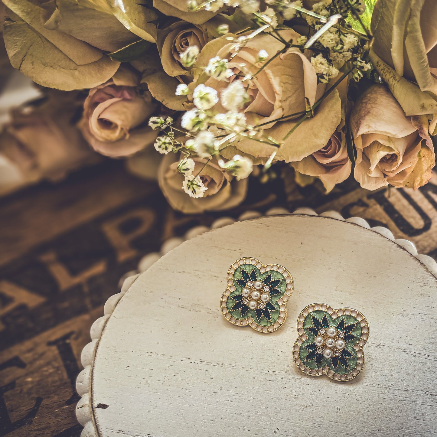 Beautiful Vintage Green and Pearl Stud Earrings