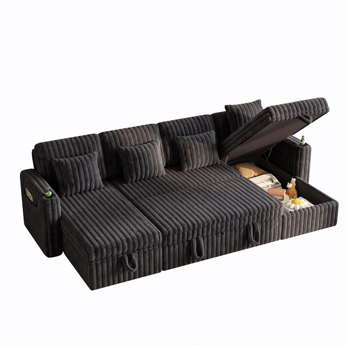 U Shaped Plush Corduroy Sectional Sleeper Sofa