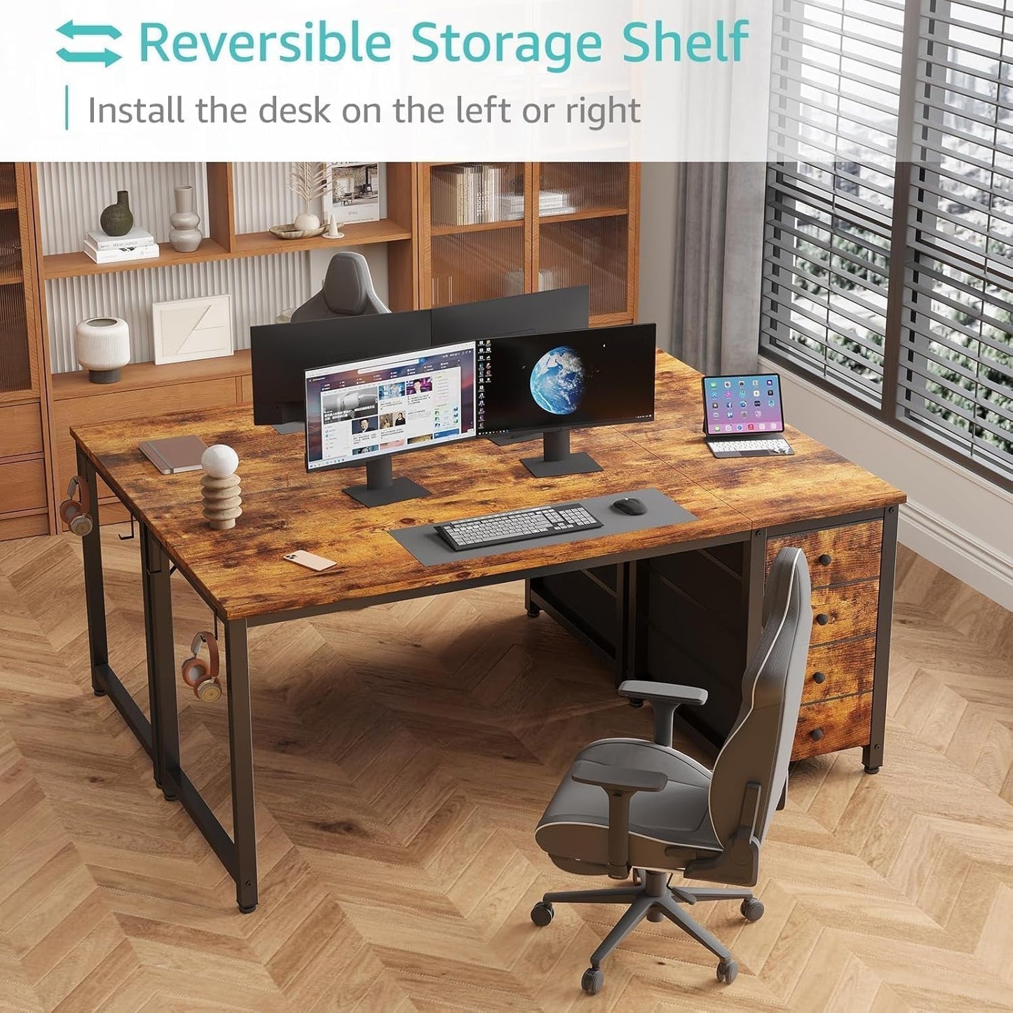 55 Inch Computer Desk With Fabric Drawers Home Office